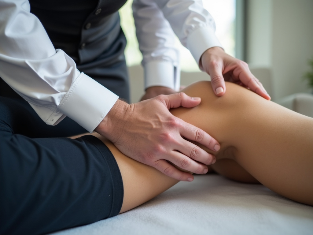 Chiropractor adjusting leg — knee chiropractor near me